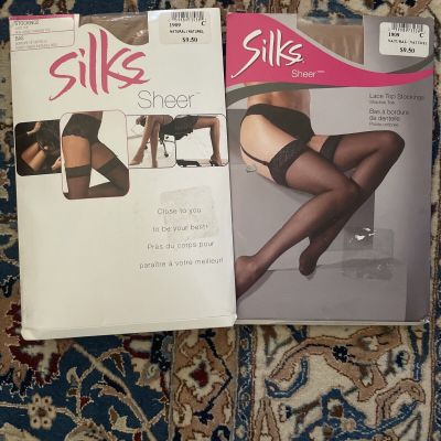 SILKS SHEER GARTER STOCKINGS NYLONS LACE TOP SIZE-C NATURAL Vintage